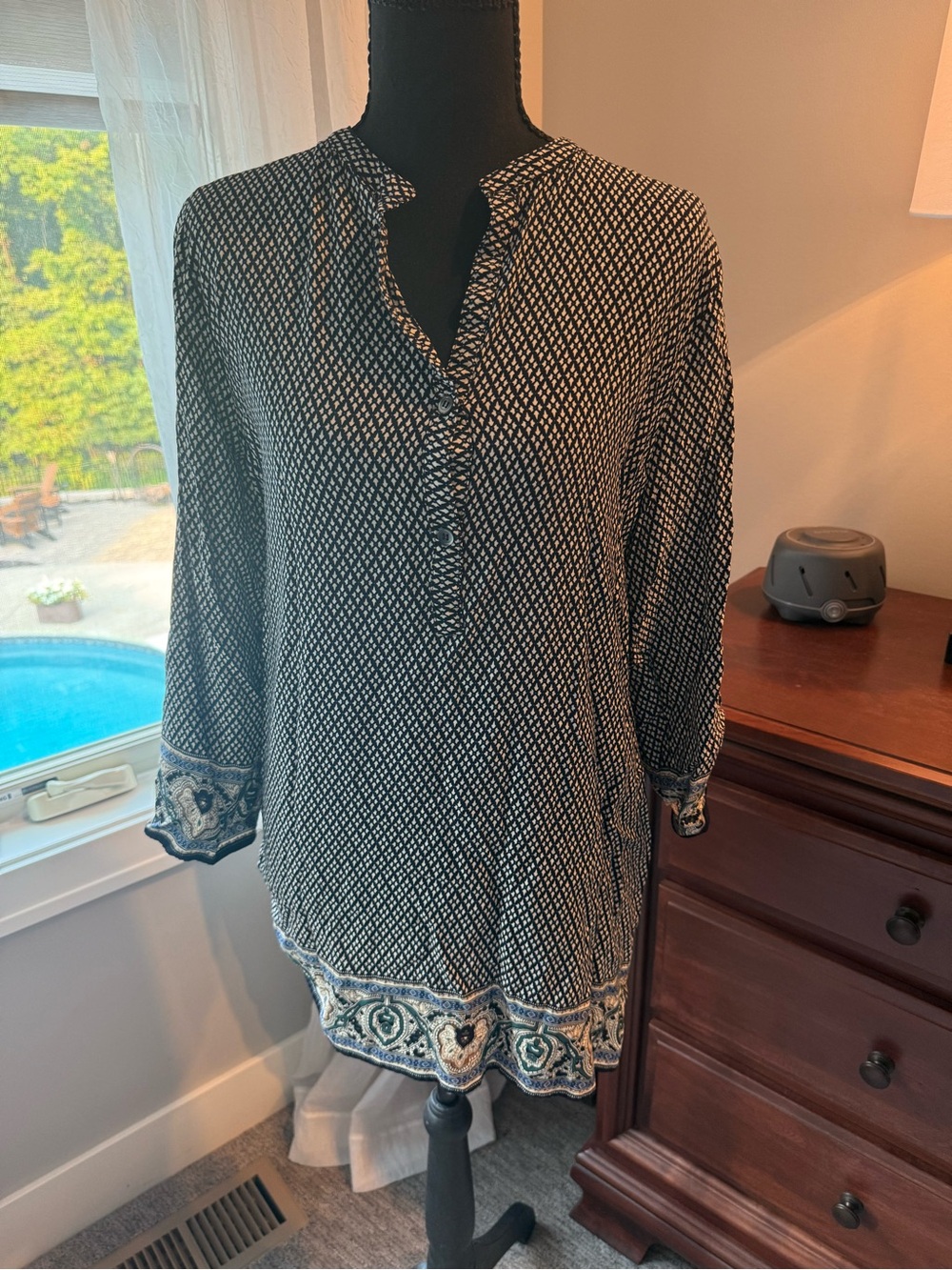 fun 2 fun Black & White Patterned V-Neck Tunic with Decorative Border